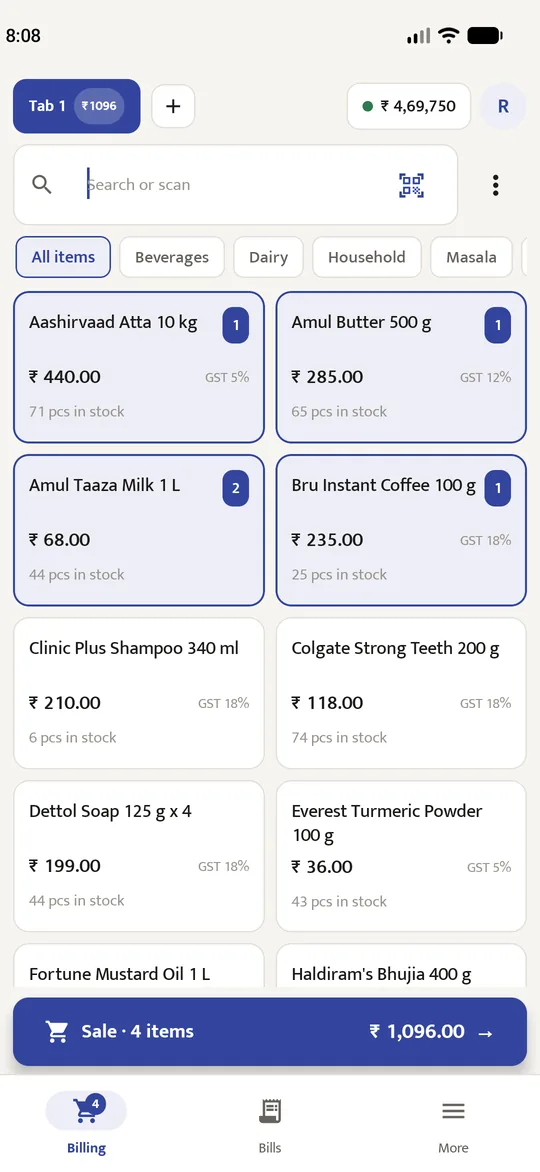 Billing on a phone: item tiles with price and stock