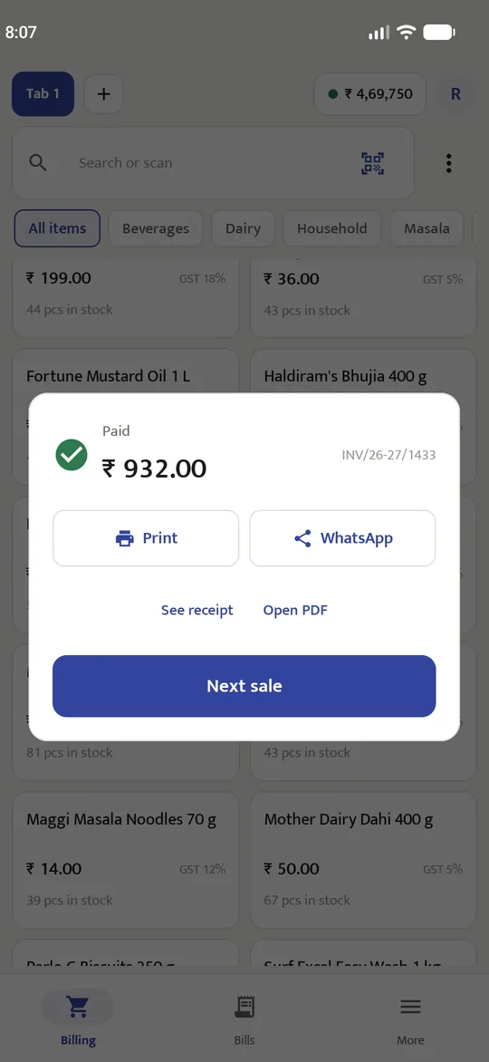 Paid ₹932.00, with Print and WhatsApp buttons