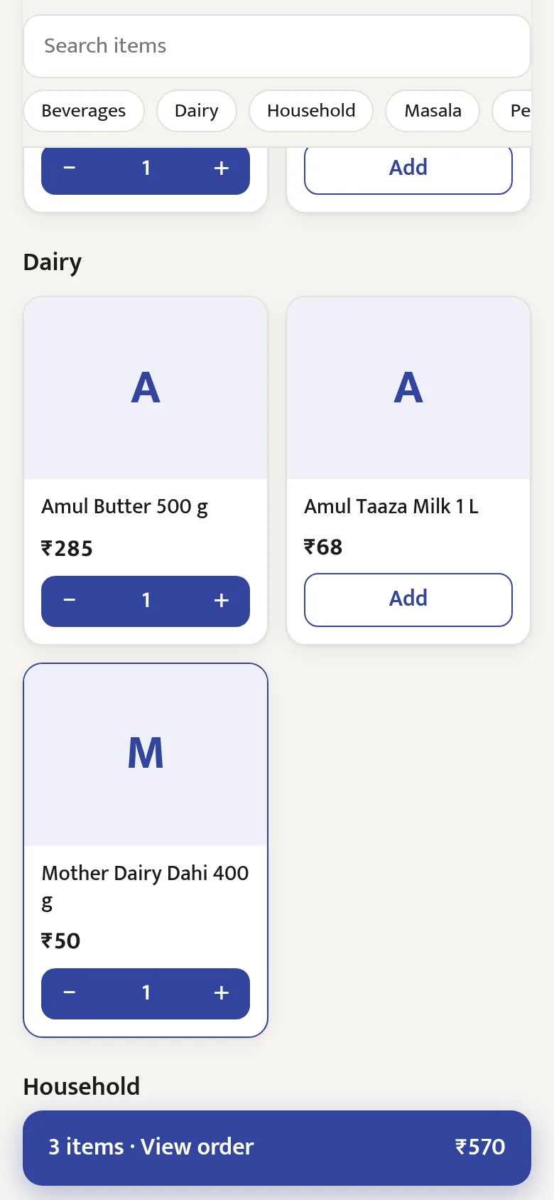 Items added to the order: 3 items for ₹570