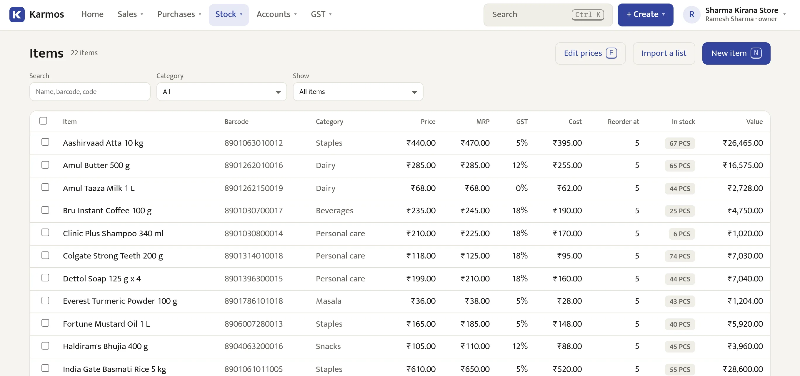Items list with barcode, category, price, MRP, GST, cost and stock